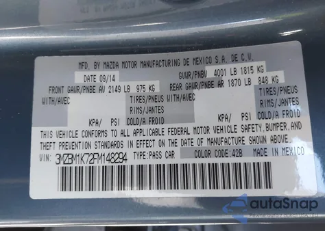 2015 Mazda Mazda3 I Sport из США, поврежденный, VIN 3MZBM1K72FM148294